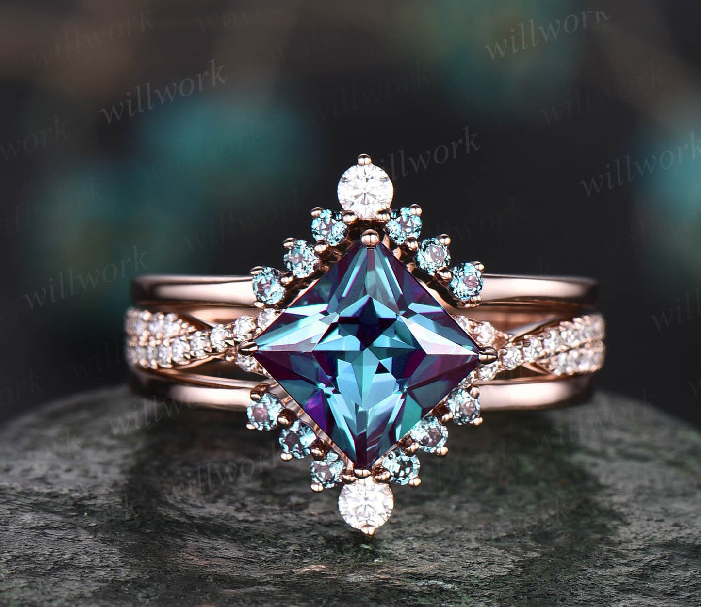 3pcs Alexandrite bridal set princess cut Alexandrite engagement ring set 14k rose gold vintage diamond ring Alexandrite stack wedding band