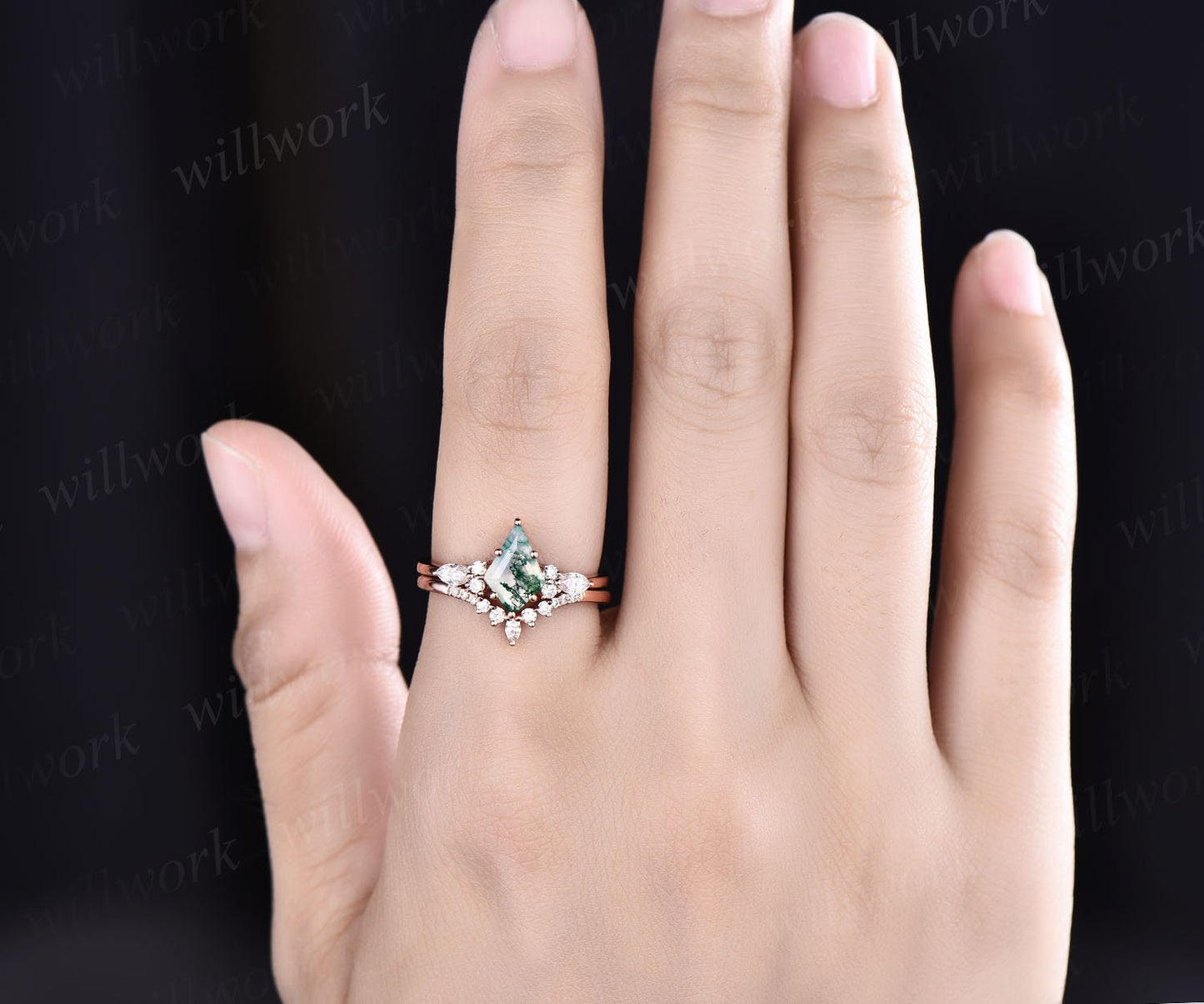 Vintage kite cut green moss agate engagement ring set 14k white gold marquise cut diamond ring for women unique bridal wedding ring set gift