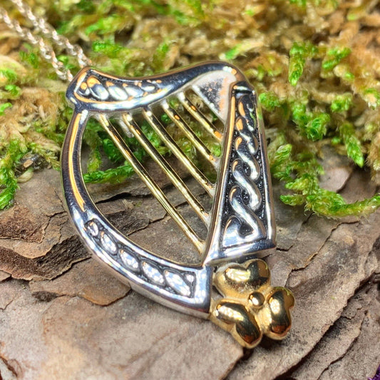 Golden Celtic Harp Necklace