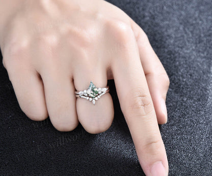 Vintage kite cut green moss agate engagement ring set 14k white gold marquise cut diamond ring for women unique bridal wedding ring set gift