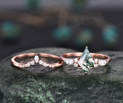 Vintage kite cut green moss agate engagement ring set 14k white gold marquise cut diamond ring for women unique bridal wedding ring set gift