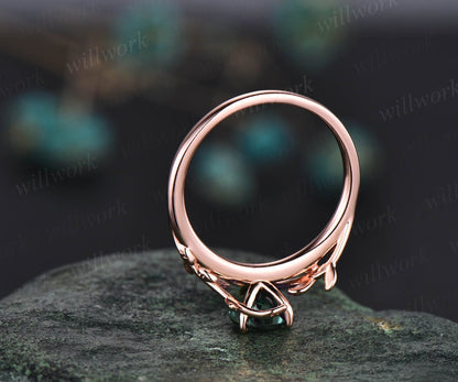 Pear shaped emerald ring gold silver vintage nature inspired unique emerald engagement ring antique leaf ring bridal wedding ring for women