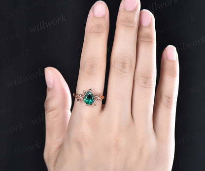 Pear shaped emerald ring gold silver vintage nature inspired unique emerald engagement ring antique leaf ring bridal wedding ring for women