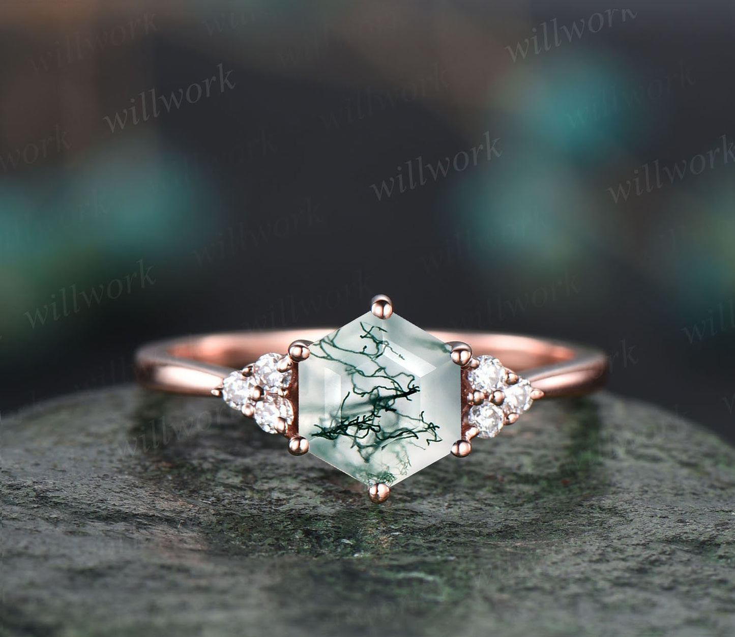 Hexagon cut green moss agate ring rose gold silver vintage unique engagement ring set six prong dainty moissanite bridal ring set for women