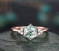 Hexagon cut green moss agate ring rose gold silver vintage unique engagement ring set six prong dainty moissanite bridal ring set for women