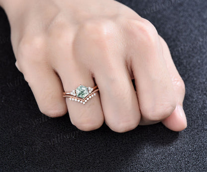 Hexagon cut green moss agate ring rose gold silver vintage unique engagement ring set six prong dainty moissanite bridal ring set for women