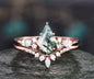 Vintage kite cut green moss agate engagement ring set 14k white gold marquise cut diamond ring for women unique bridal wedding ring set gift