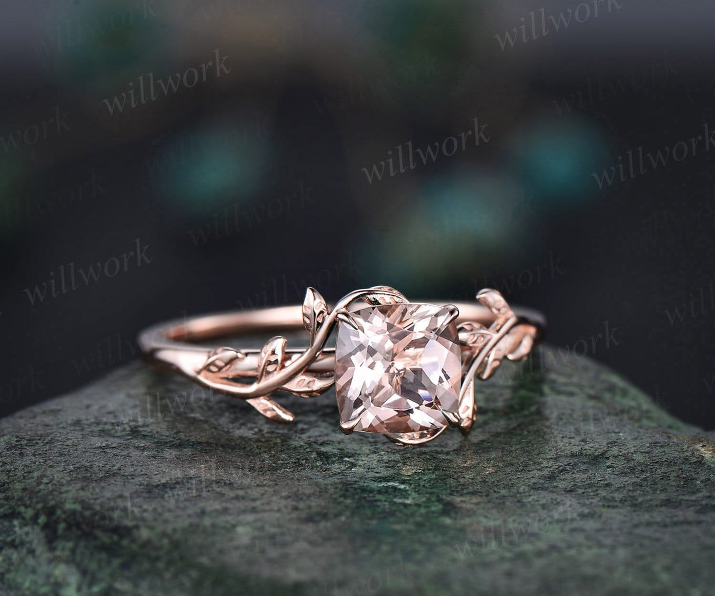 Cushion cut morganite ring vintage unique nature inspired engagement ring leaf 14k rose gold ring art deco bridal wedding ring for women