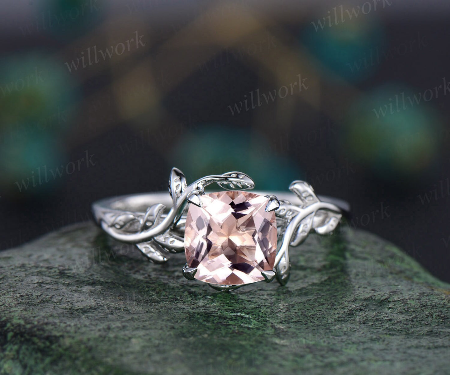 Cushion cut morganite ring vintage unique nature inspired engagement ring leaf 14k rose gold ring art deco bridal wedding ring for women