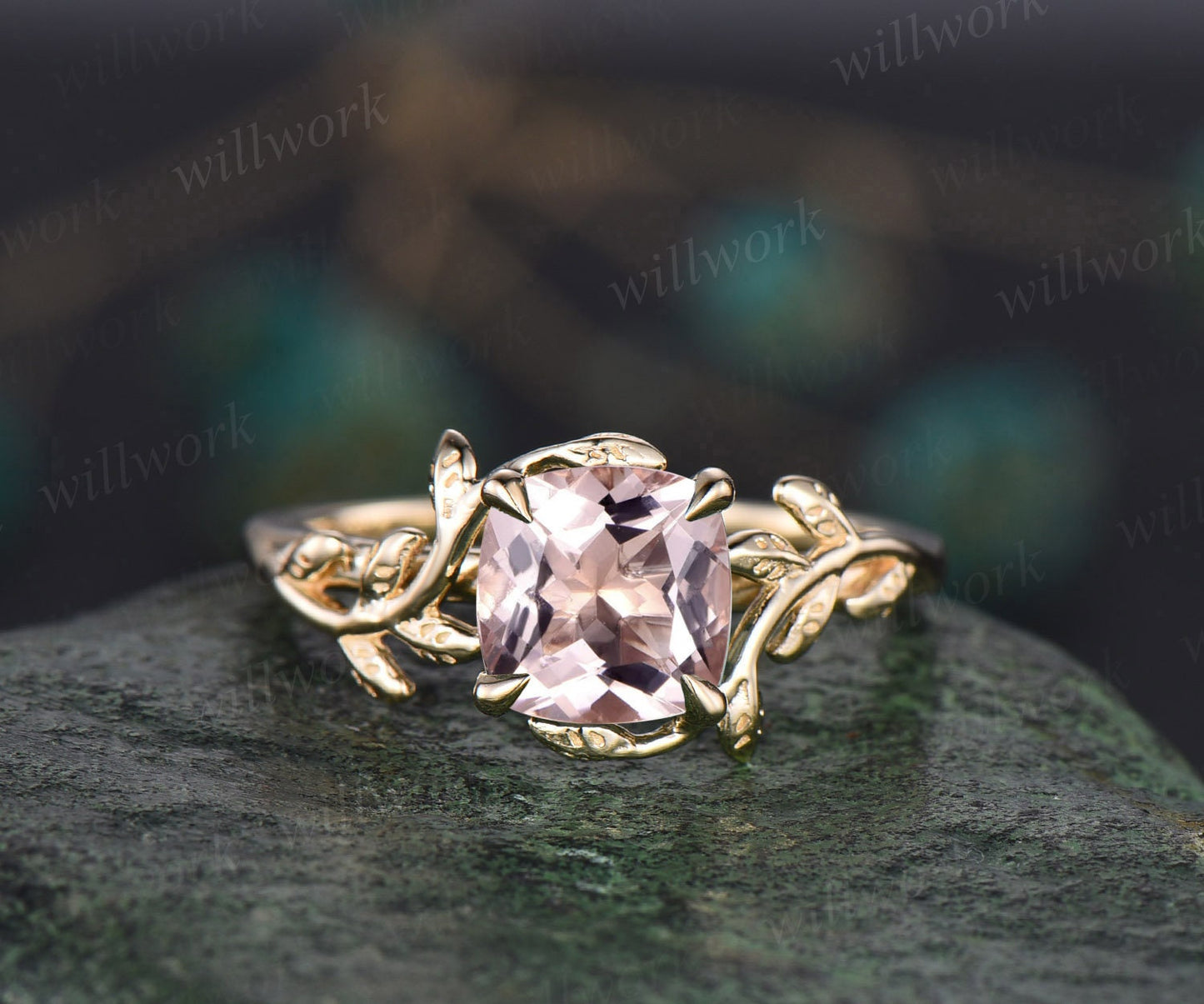 Cushion cut morganite ring vintage unique nature inspired engagement ring leaf 14k rose gold ring art deco bridal wedding ring for women