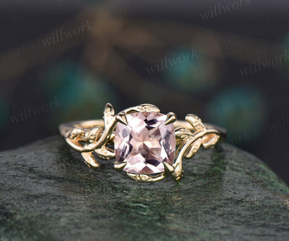 Cushion cut morganite ring vintage unique nature inspired engagement ring leaf 14k rose gold ring art deco bridal wedding ring for women