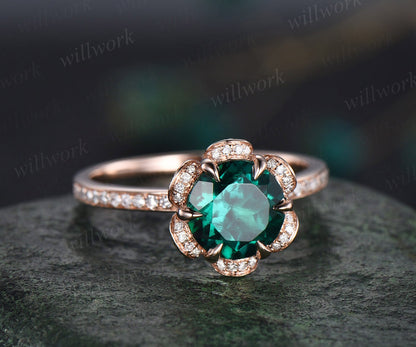 2ct round cut emerald ring rose gold vintage unique engagement ring flower half eternity under halo diamond promise wedding ring for women