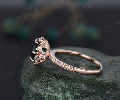 2ct round cut emerald ring rose gold vintage unique engagement ring flower half eternity under halo diamond promise wedding ring for women