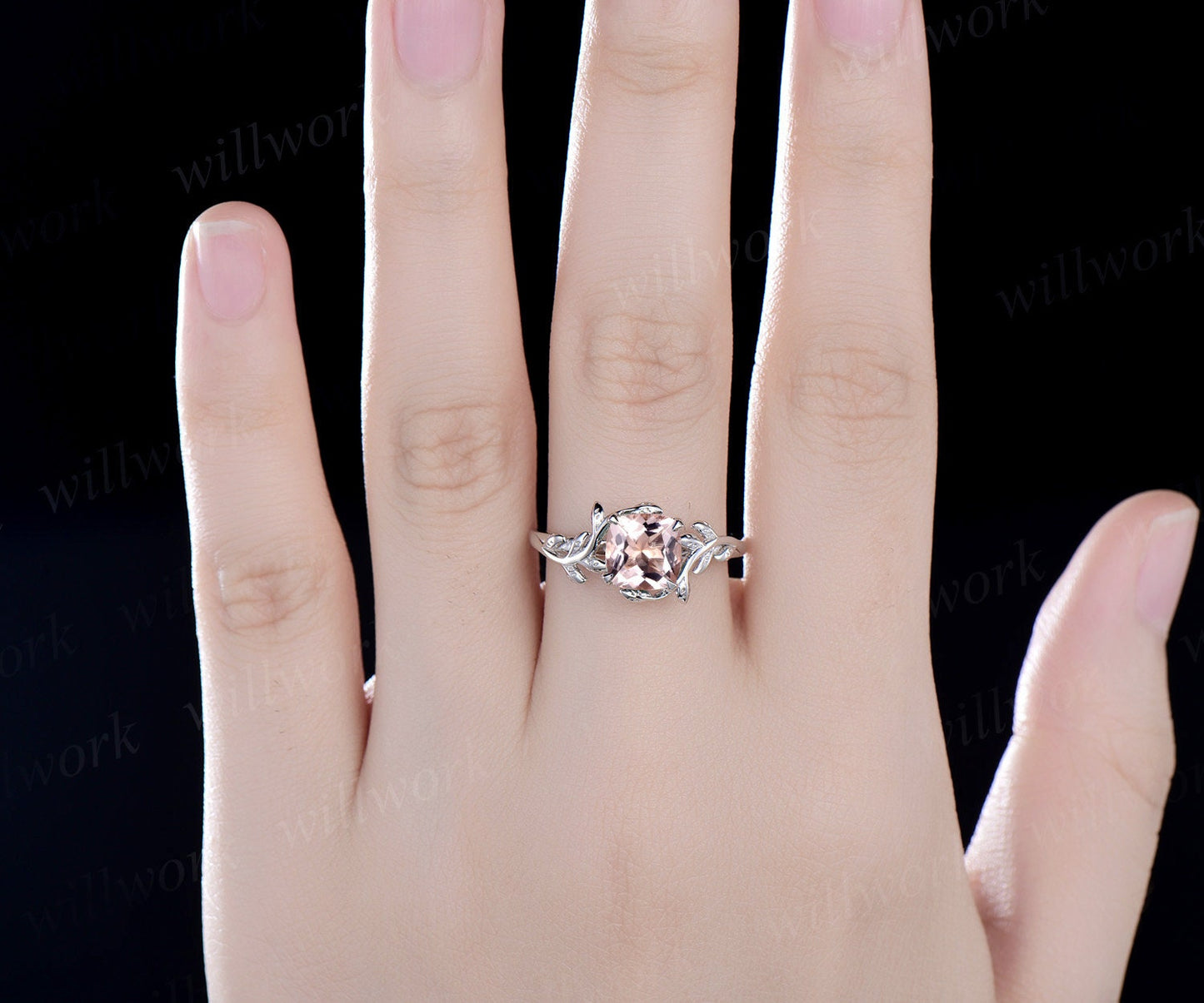 Cushion cut morganite ring vintage unique nature inspired engagement ring leaf 14k rose gold ring art deco bridal wedding ring for women