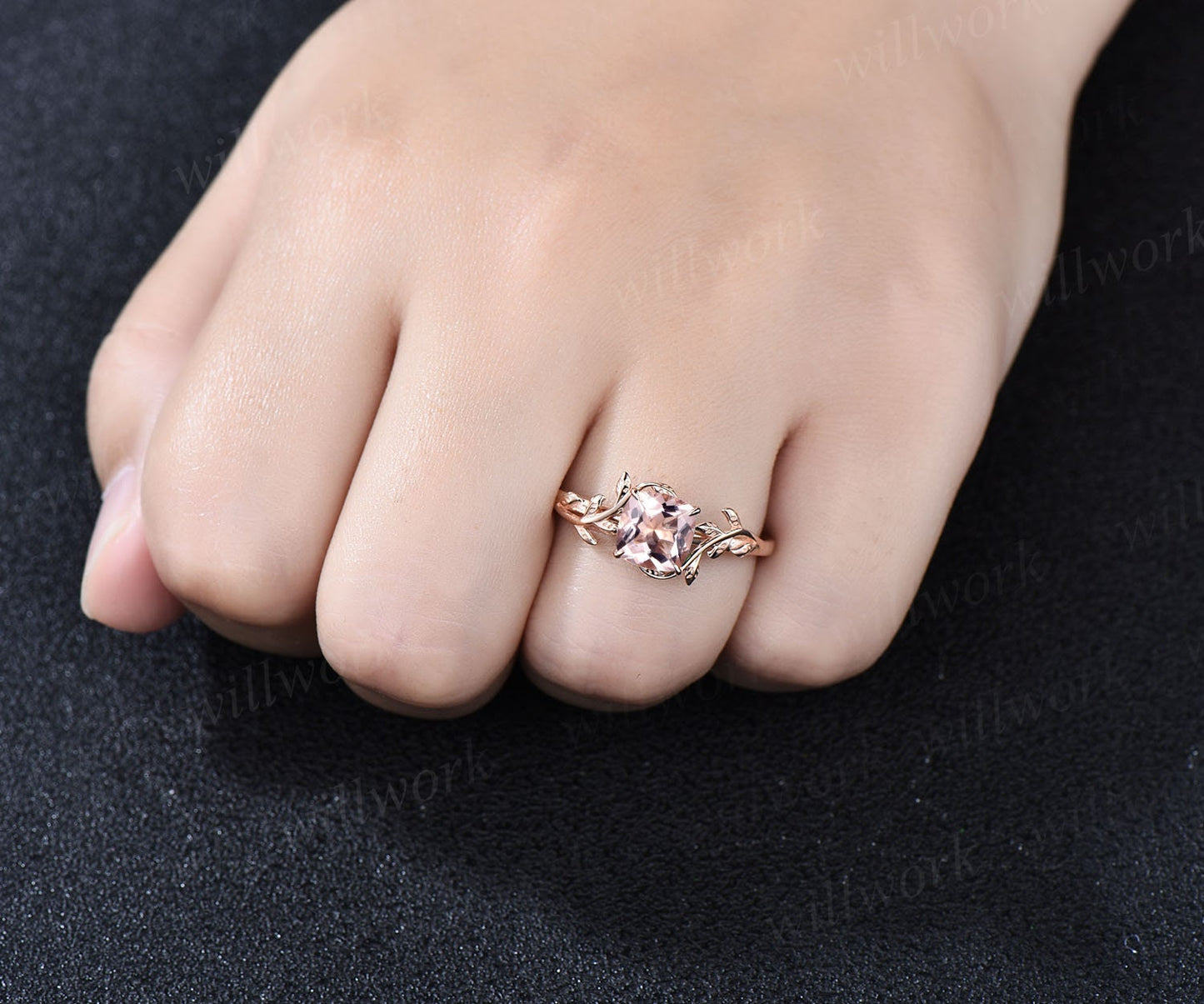 Cushion cut morganite ring vintage unique nature inspired engagement ring leaf 14k rose gold ring art deco bridal wedding ring for women