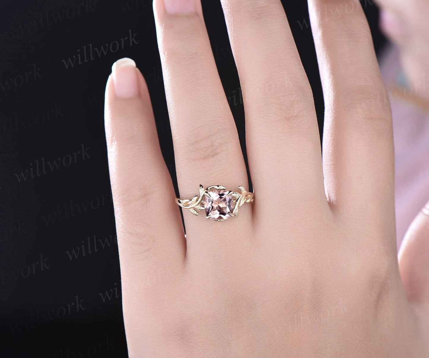 Cushion cut morganite ring vintage unique nature inspired engagement ring leaf 14k rose gold ring art deco bridal wedding ring for women