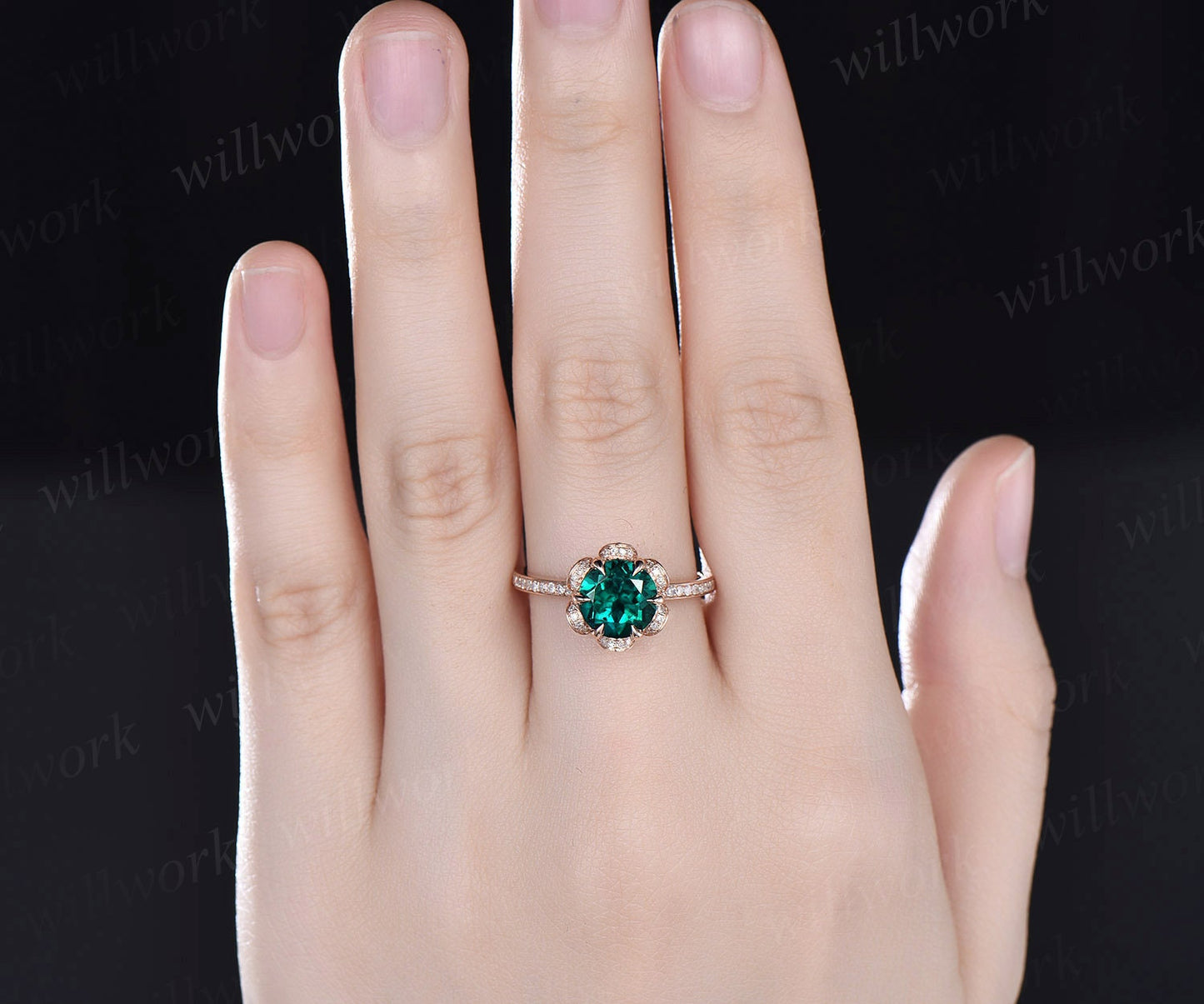 2ct round cut emerald ring rose gold vintage unique engagement ring flower half eternity under halo diamond promise wedding ring for women