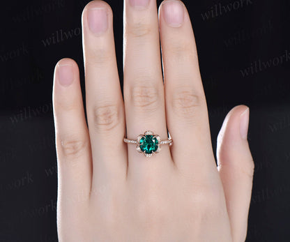 2ct round cut emerald ring rose gold vintage unique engagement ring flower half eternity under halo diamond promise wedding ring for women