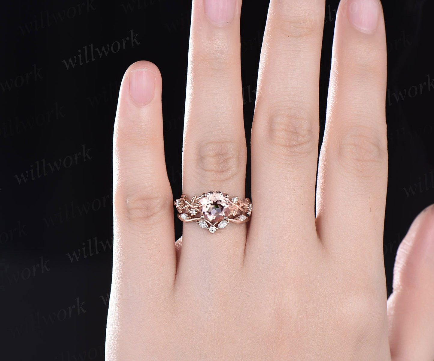 2ct Twig round cut morganite engagement ring 14k rose gold art deco five stone leaf branch Nature inspired diamond wedding ring for women