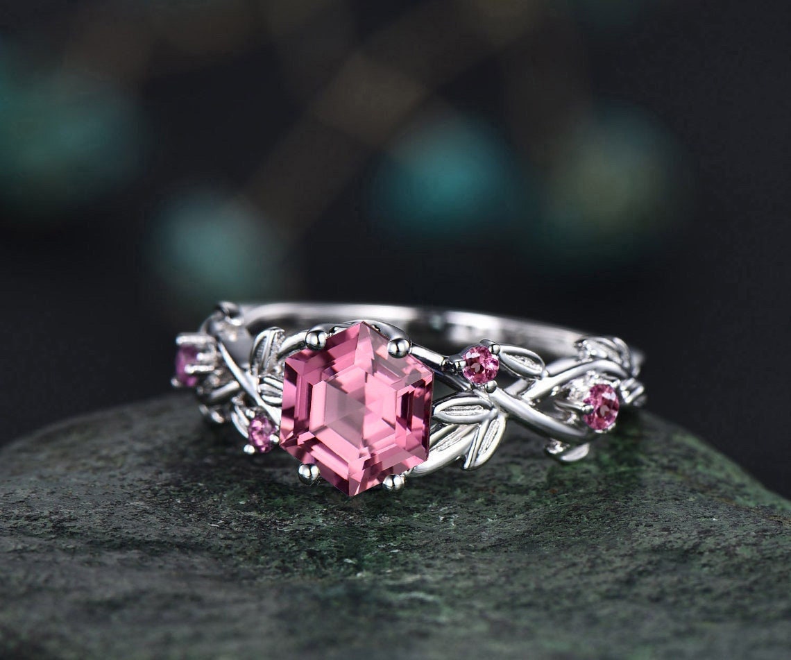 Twig hexagon cut Pink Tourmaline engagement ring women 14k white gold leaf branch nature inspired diamond ring unique wedding ring jewelry
