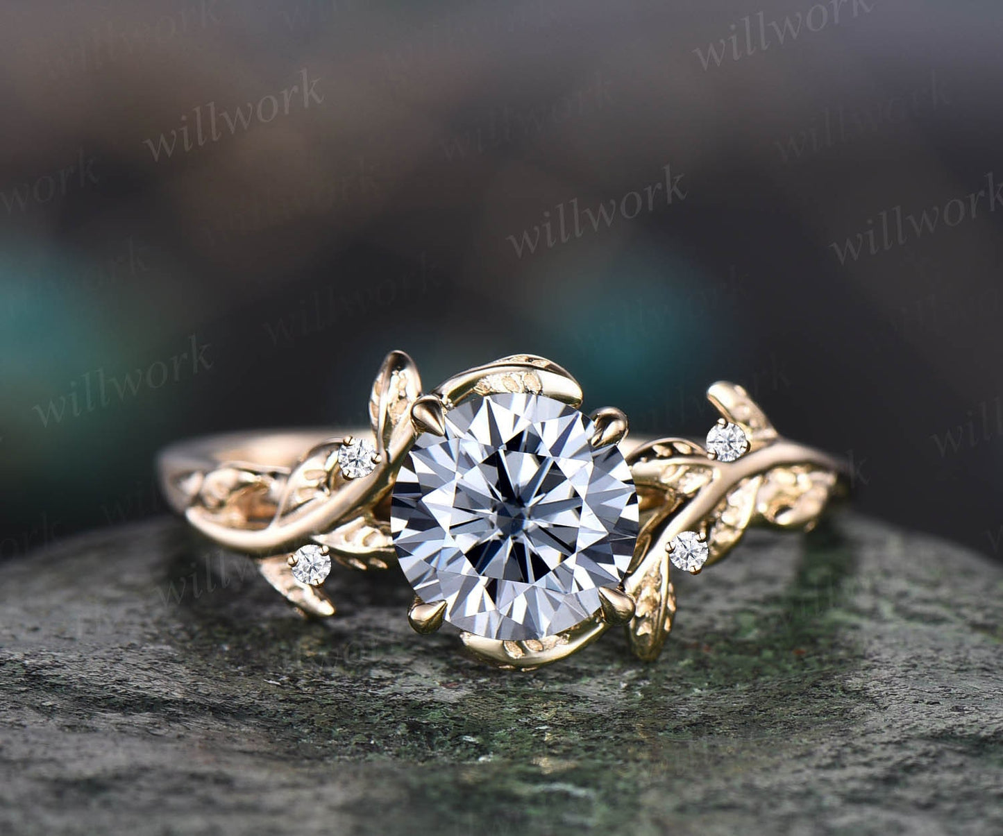 Vintage 1ct round gray moissanite engagement ring leaf 14k rose gold ring branch twig nature inspired five stone diamond wedding ring women