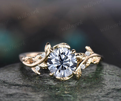 Vintage 1ct round gray moissanite engagement ring leaf 14k rose gold ring branch twig nature inspired five stone diamond wedding ring women