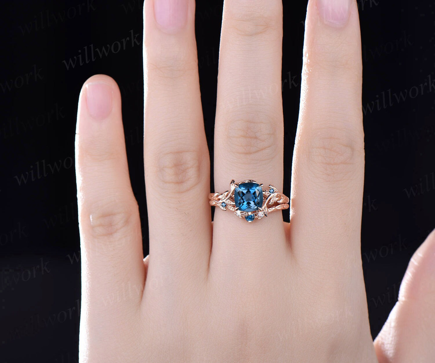 Twig cushion London blue topaz engagement ring set leaf branch rose gold three stone moissanite unique nature inspired wedding ring women
