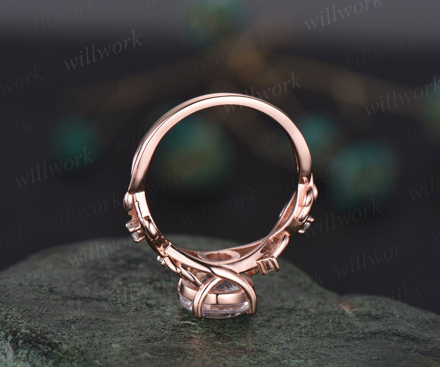 2ct Twig round cut morganite engagement ring 14k rose gold art deco five stone leaf branch Nature inspired diamond wedding ring for women