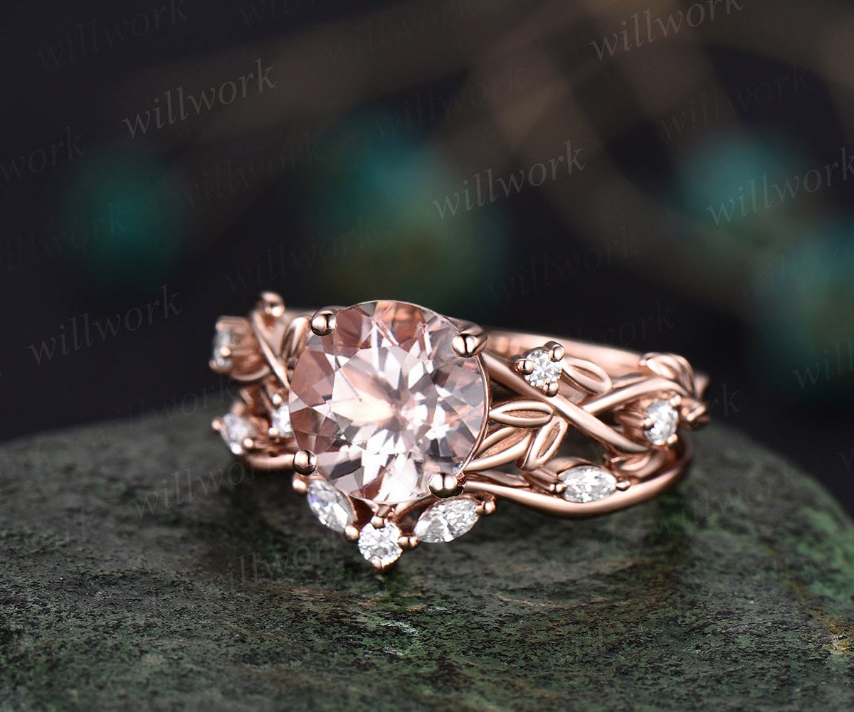 2ct Twig round cut morganite engagement ring 14k rose gold art deco five stone leaf branch Nature inspired diamond wedding ring for women