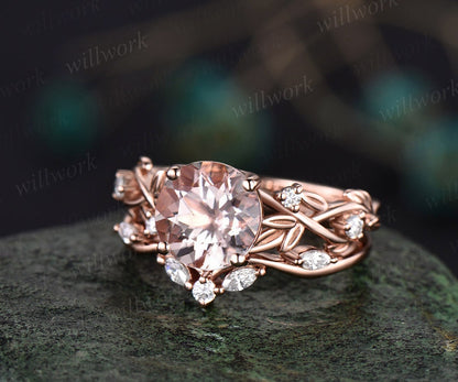 2ct Twig round cut morganite engagement ring 14k rose gold art deco five stone leaf branch Nature inspired diamond wedding ring for women