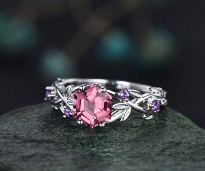 Twig hexagon cut Pink Tourmaline engagement ring women 14k white gold leaf branch nature inspired diamond ring unique wedding ring jewelry