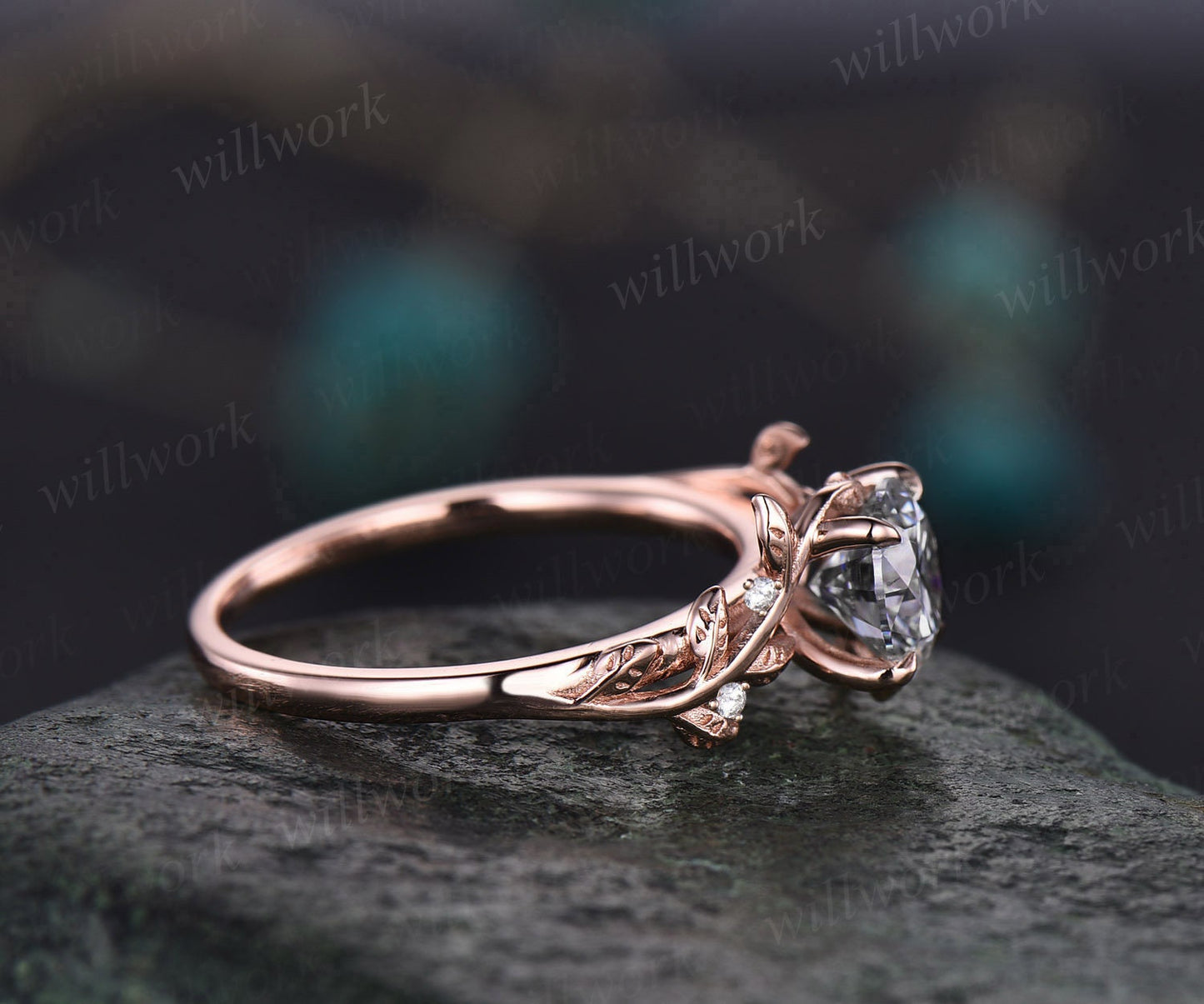 Vintage 1ct round gray moissanite engagement ring leaf 14k rose gold ring branch twig nature inspired five stone diamond wedding ring women