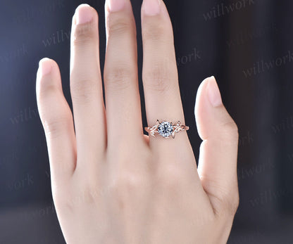 Vintage 1ct round gray moissanite engagement ring leaf 14k rose gold ring branch twig nature inspired five stone diamond wedding ring women