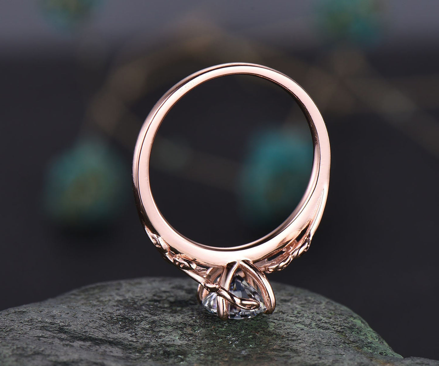 Vintage 1ct round gray moissanite engagement ring leaf 14k rose gold ring branch twig nature inspired five stone diamond wedding ring women
