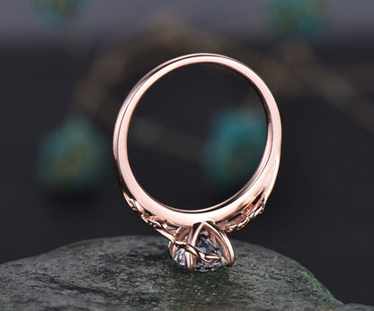 Vintage 1ct round gray moissanite engagement ring leaf 14k rose gold ring branch twig nature inspired five stone diamond wedding ring women