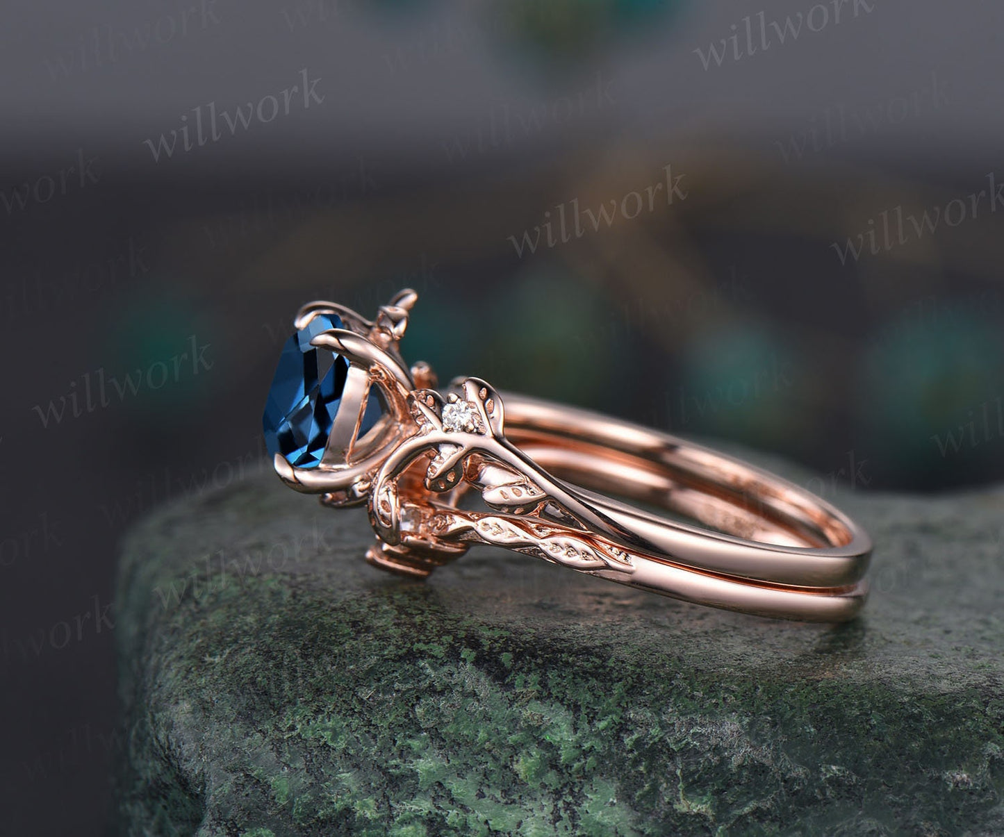 Twig cushion London blue topaz engagement ring set leaf branch rose gold three stone moissanite unique nature inspired wedding ring women