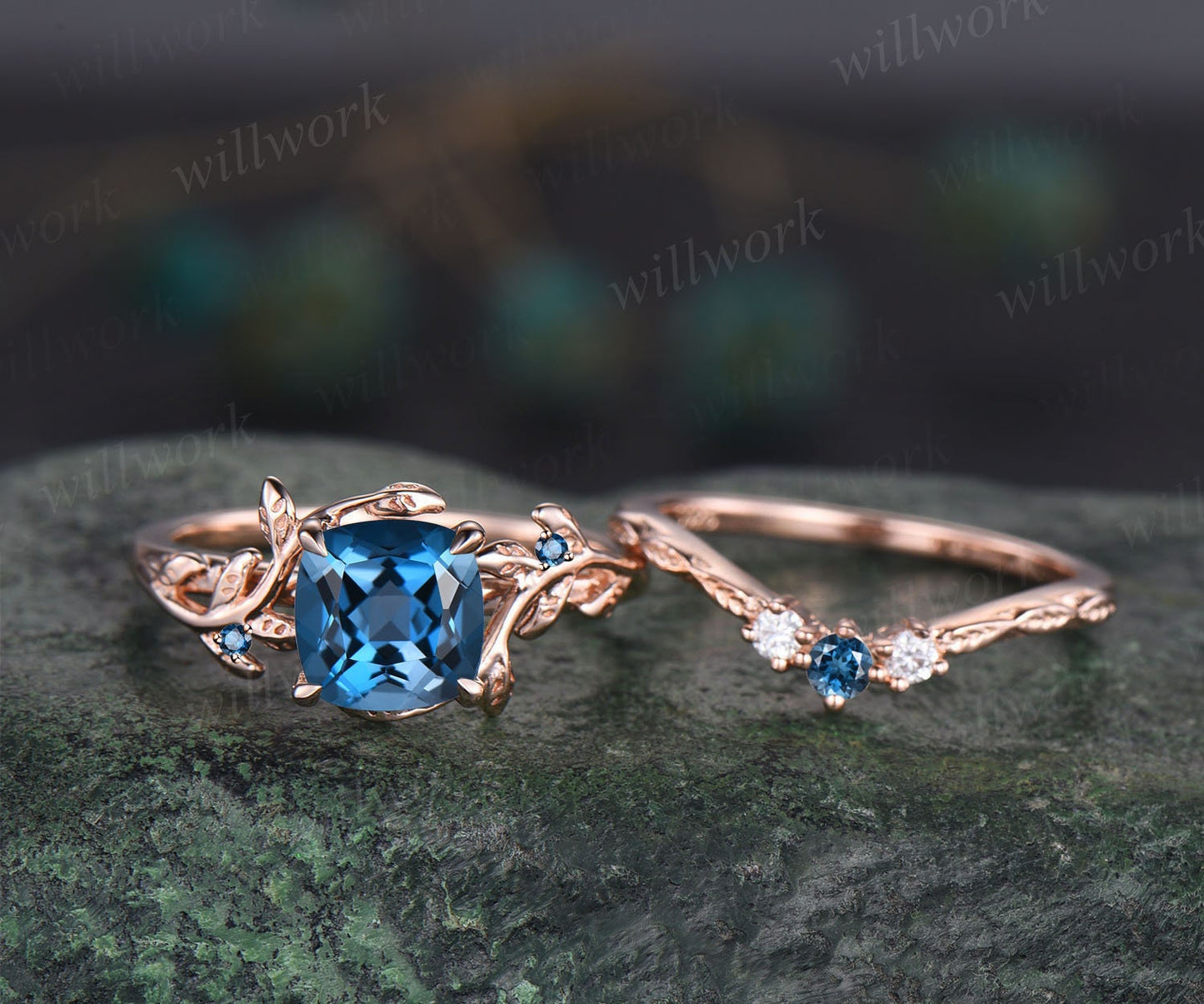 Twig cushion London blue topaz engagement ring set leaf branch rose gold three stone moissanite unique nature inspired wedding ring women