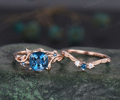 Twig cushion London blue topaz engagement ring set leaf branch rose gold three stone moissanite unique nature inspired wedding ring women