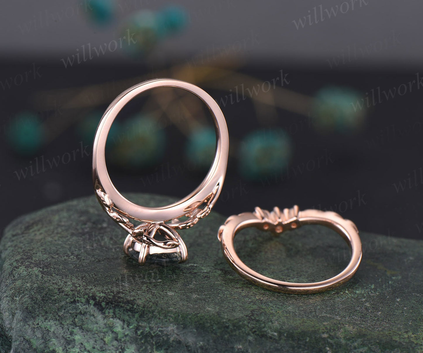 Twig cushion London blue topaz engagement ring set leaf branch rose gold three stone moissanite unique nature inspired wedding ring women
