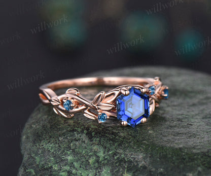 Hexagon cut blue sapphire ring vintage rose gold five stone leaf nature inspired engagement ring twig opal ring women anniversary gift