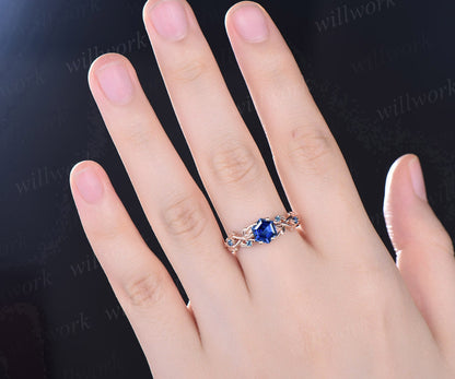 Hexagon cut blue sapphire ring vintage rose gold five stone leaf nature inspired engagement ring twig opal ring women anniversary gift