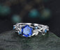 Hexagon cut blue sapphire ring vintage rose gold five stone leaf nature inspired engagement ring twig opal ring women anniversary gift
