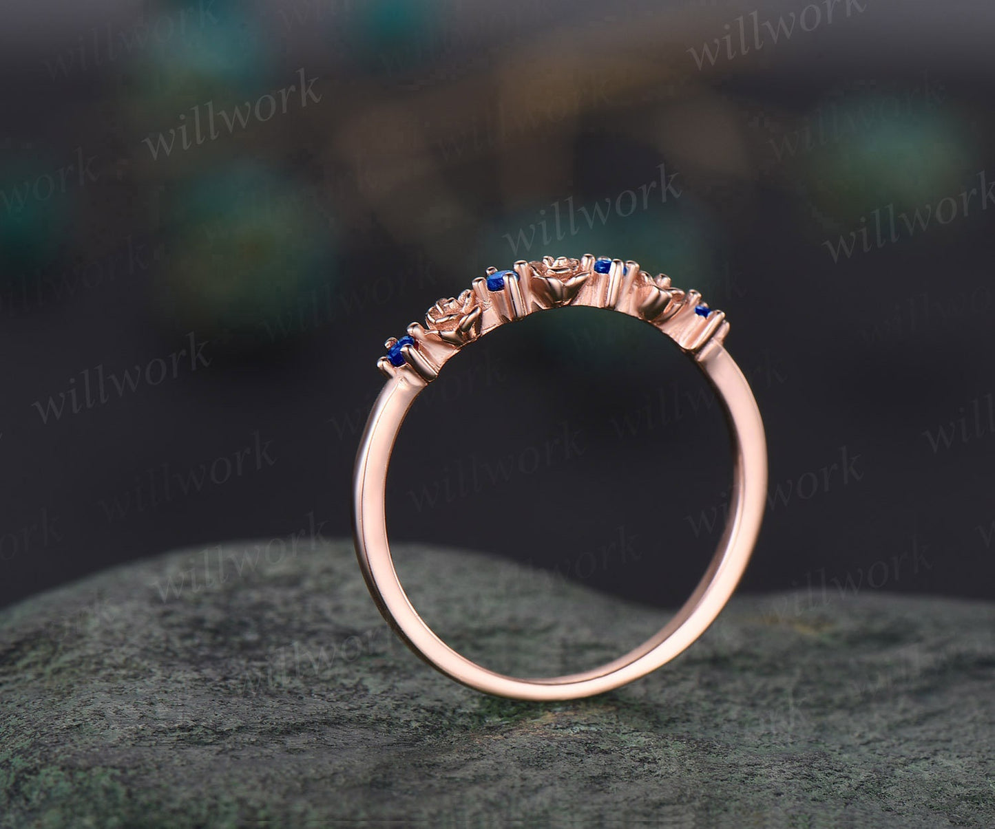 Dainty flower natural sapphire wedding band solid 14k rose gold stacking unique vintage wedding ring band for women anniversary ring gift