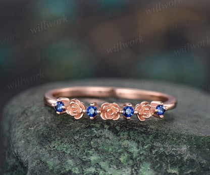 Dainty flower natural sapphire wedding band solid 14k rose gold stacking unique vintage wedding ring band for women anniversary ring gift