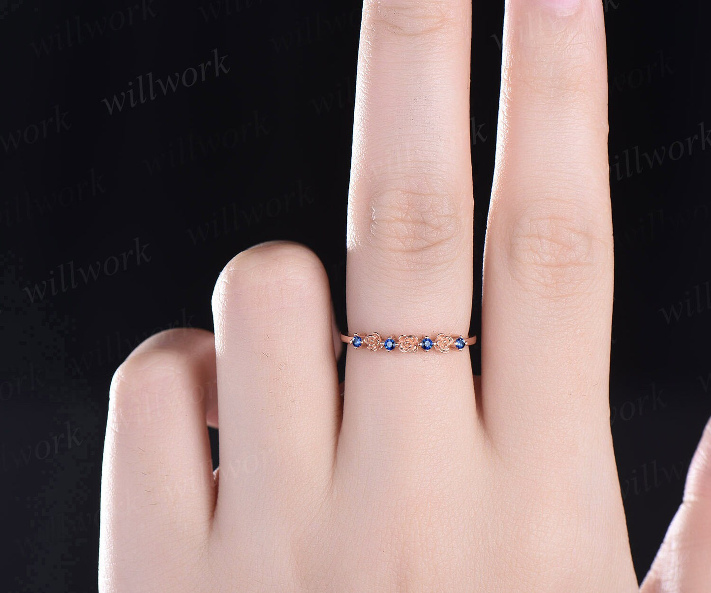 Dainty flower natural sapphire wedding band solid 14k rose gold stacking unique vintage wedding ring band for women anniversary ring gift