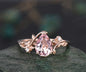 Pear shaped natural Pink morganite ring rose gold leaf nature inspired unique engagement ring women art deco promise wedding bridal ring set