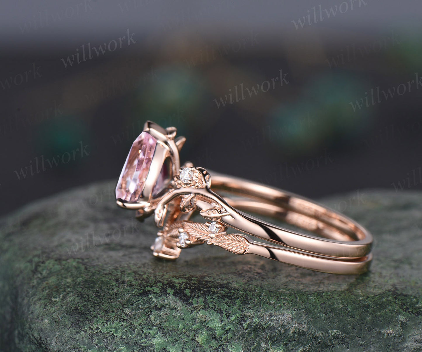 Pear shaped natural Pink morganite ring rose gold leaf nature inspired unique engagement ring women art deco promise wedding bridal ring set