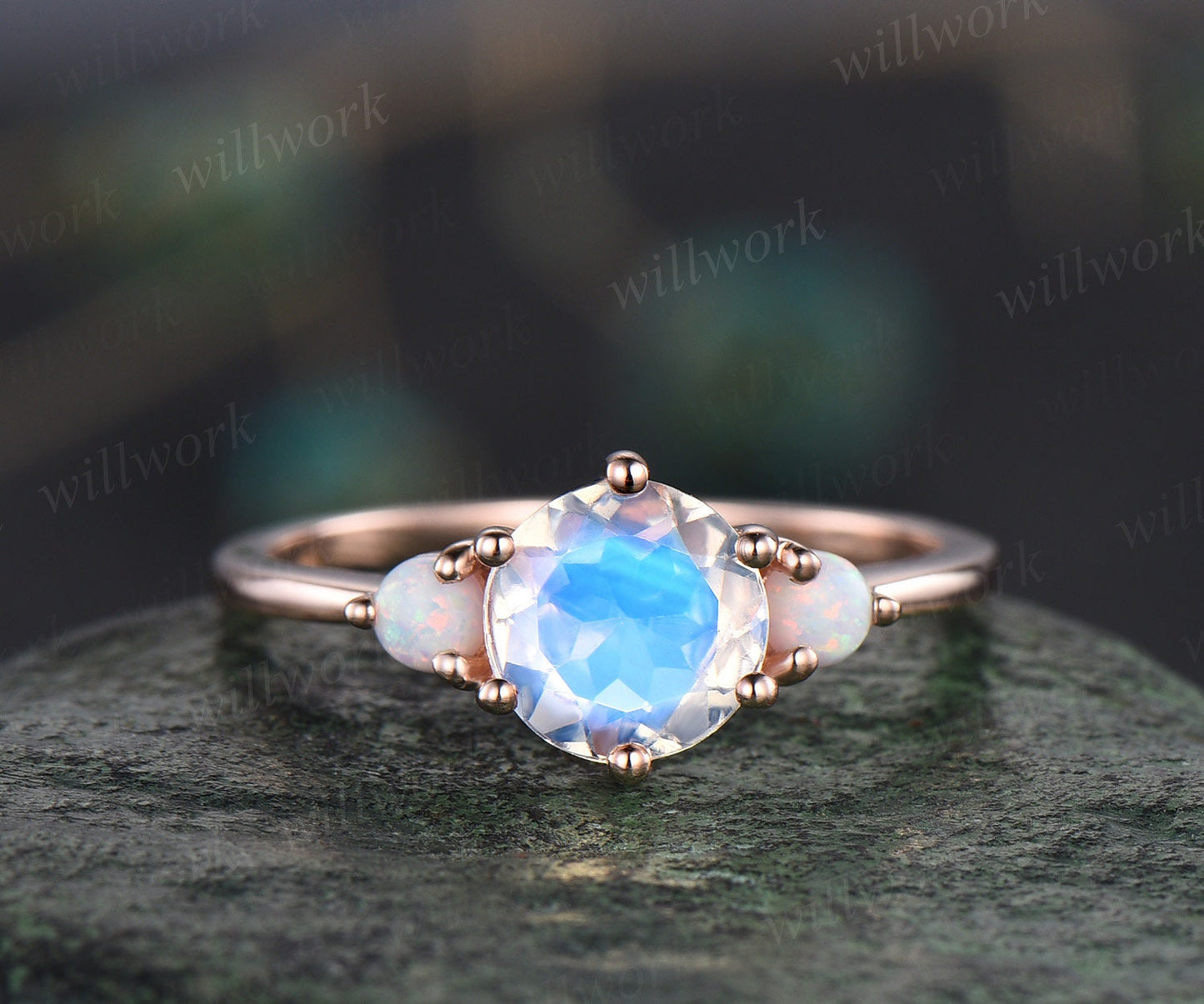 Natural round moonstone ring rose gold three stone opal ring women alexandrite ring vintage unique engagement ring stacking bridal set gift
