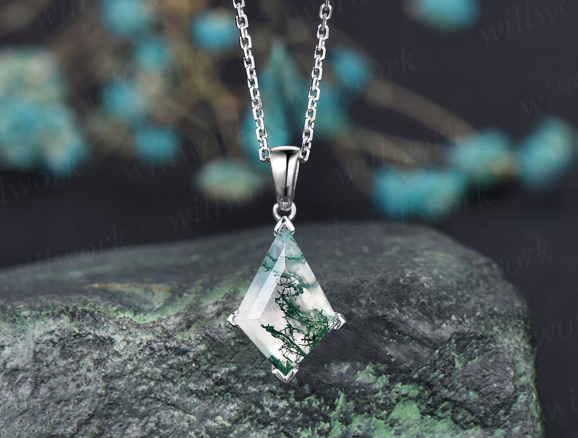 Kite natural moss agate necklace solid 14k 18k white gold vintage unique Personalized pendant for women her anniversary bridal gift mother