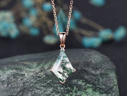 Kite natural moss agate necklace solid 14k 18k white gold vintage unique Personalized pendant for women her anniversary bridal gift mother